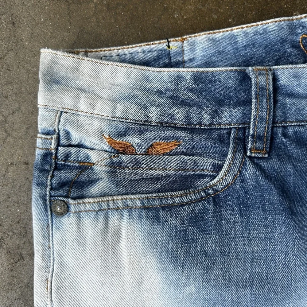 Robin's Jean Shorts Mens 34 Blue Denim Acid Wash Crystal Studded Flap Mortard